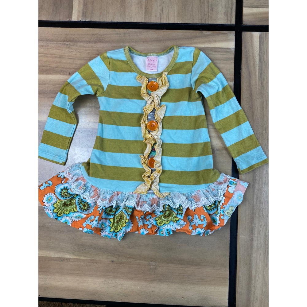 Giggle‎ Moon Girls 24M Striped Ruffle Dress Orange Blue Green Cute
